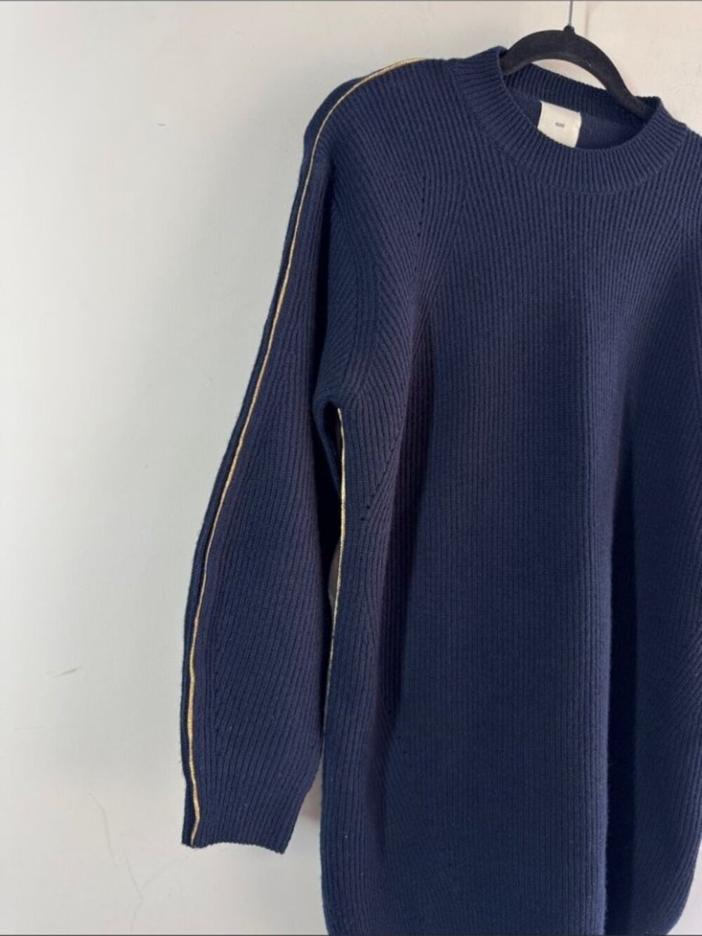 KUHO 100% Wool Navy Rib Knit Sweater Tunic Small Quiet Luxury Minimalist Chic - Picture 4 of 15